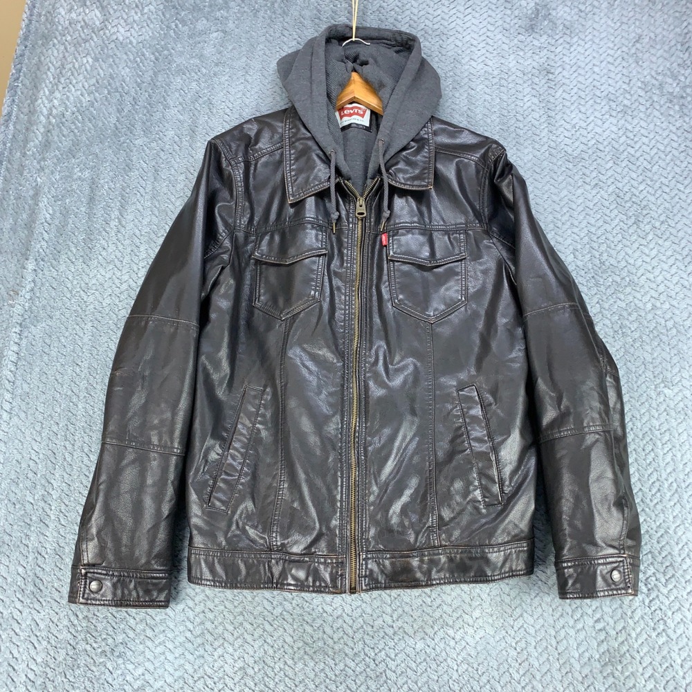 Levis Faux Leather Hooded Trucker Jacket Men's Large Dark Brown Fleece Lined - Picture 1 of 13